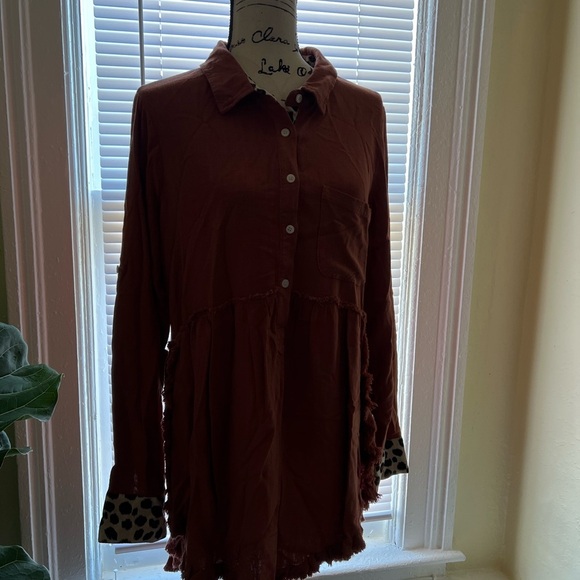 Umgee Linen Blend Animal Print Button Front Tunic Dress Pocket Canyon Clay Small - Picture 7 of 11